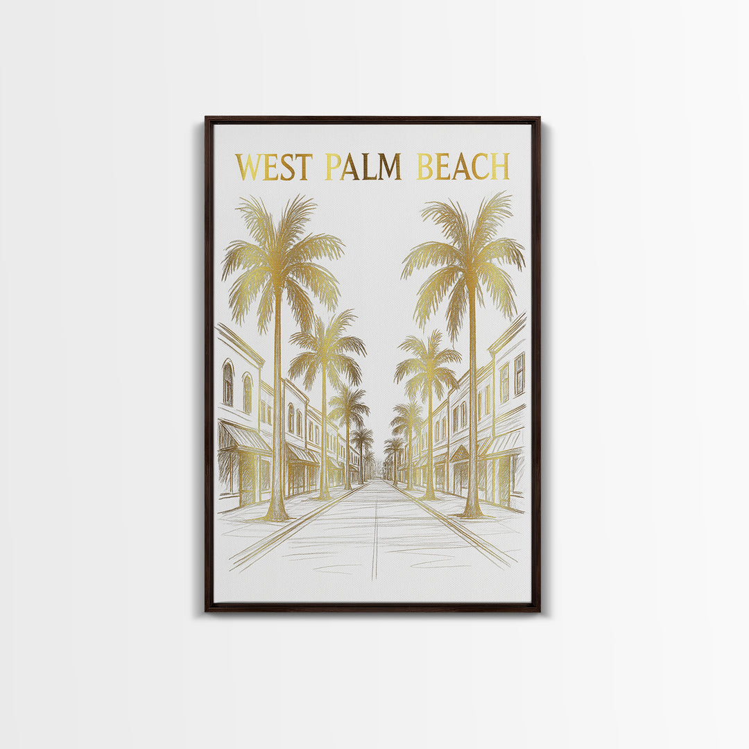 West Palm Beach Florida Travel Poster, Canvas Print, Gold Line Drawing Wall Art, West Palm Beach Art Print, Office Decor, City Poster