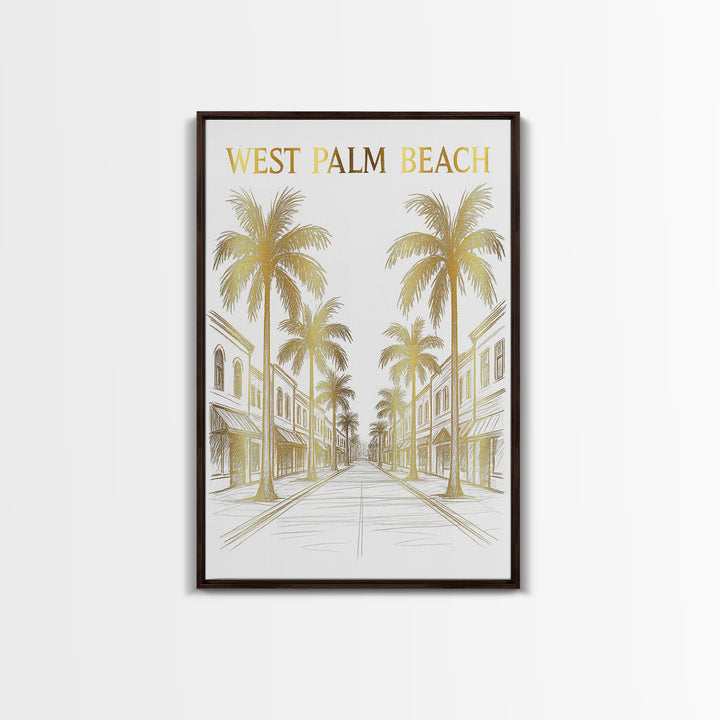 West Palm Beach Florida Travel Poster, Canvas Print, Gold Line Drawing Wall Art, West Palm Beach Art Print, Office Decor, City Poster