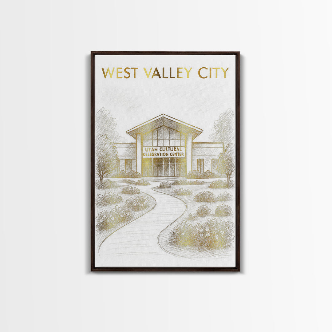 West Valley City Travel Poster, Canvas Print, Gold Line Drawing Wall Art, West Valley City Wall Art, Watercolor Urban Skyline, Travel Print