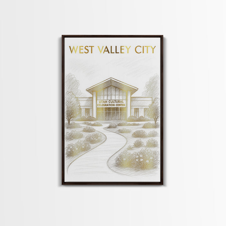 West Valley City Travel Poster, Canvas Print, Gold Line Drawing Wall Art, West Valley City Wall Art, Watercolor Urban Skyline, Travel Print