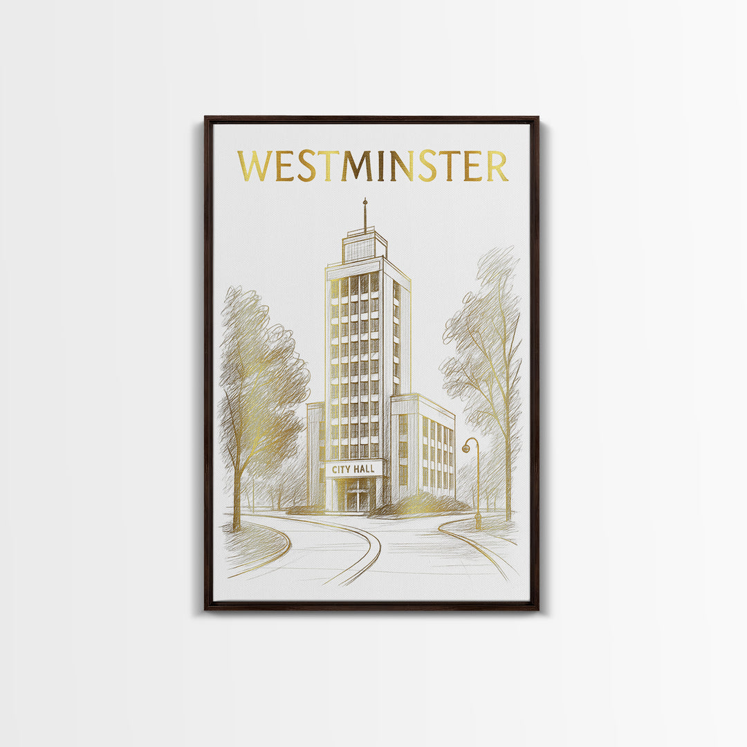 Westminster Colorado Travel Poster, Canvas Print, Gold Line Drawing Wall Art, Westminster Poster Print, Travel Poster Set, City Art Print