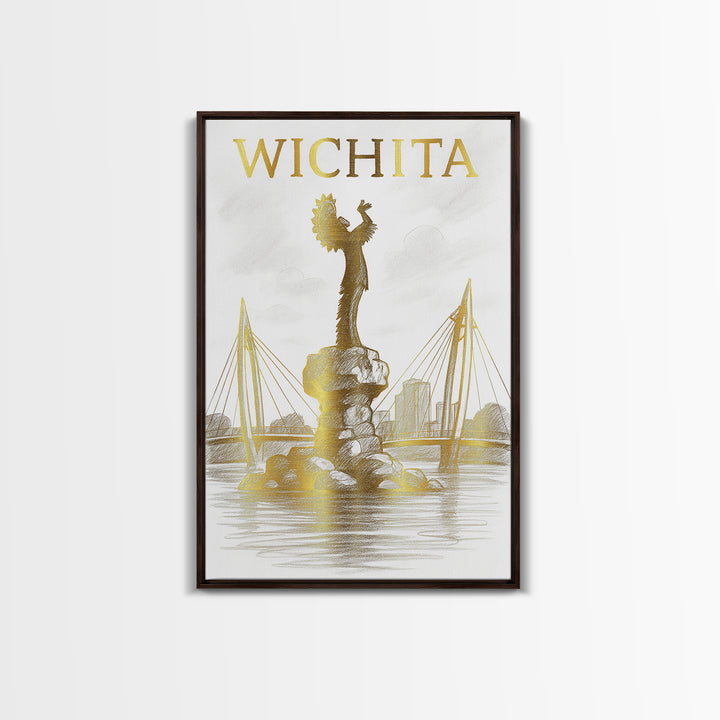 Wichita Kansas Travel Poster, Canvas Print, Gold Line Drawing Wall Art, Wichita Wall Art, Wall Decor, Modern Wall Decor, Travel Wall Art