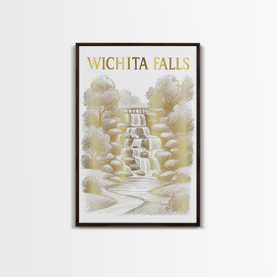 Wichita Falls Texas Travel Poster, Canvas Print, Gold Line Drawing Wall Art, Wichita Falls City Art, Travel Poster Art, Watercolor Skyline