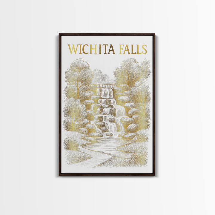 Wichita Falls Texas Travel Poster, Canvas Print, Gold Line Drawing Wall Art, Wichita Falls City Art, Travel Poster Art, Watercolor Skyline