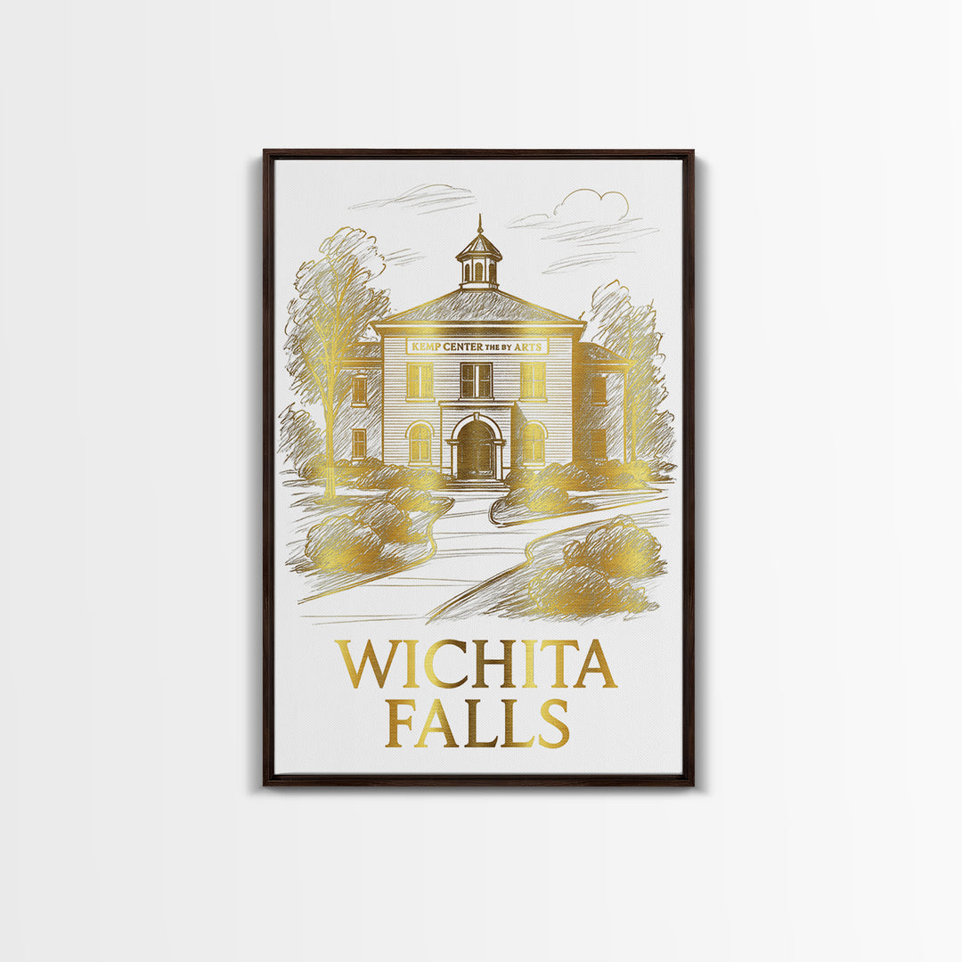 Wichita Falls Travel Poster, Framed Canvas Print, White And Gold Sketch Art, Wichita Falls City Art, Vintage City Art, Travel Wall Art