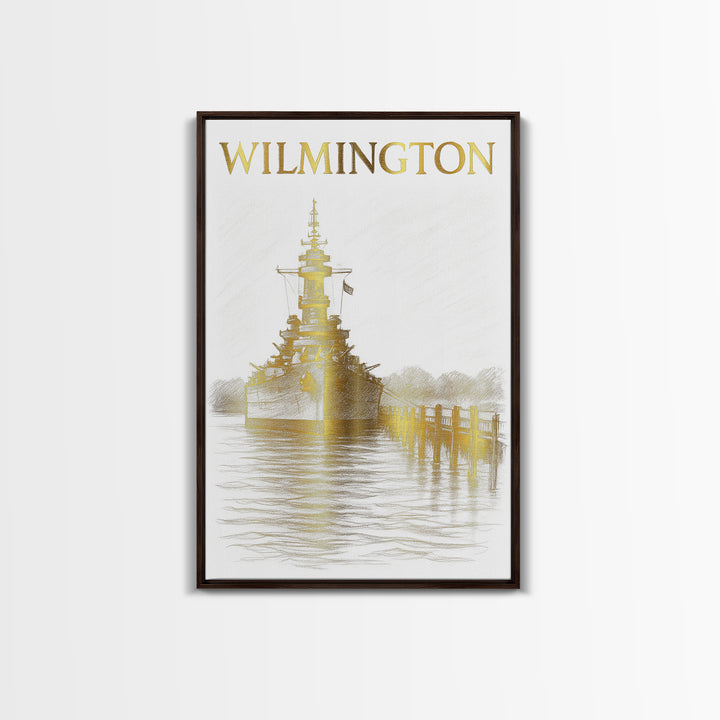 Wilmington North Carolina Travel Poster, Canvas Print, Gold Line Drawing Wall Art, Wilmington Travel Art, Travel Prints, Vintage City Poster