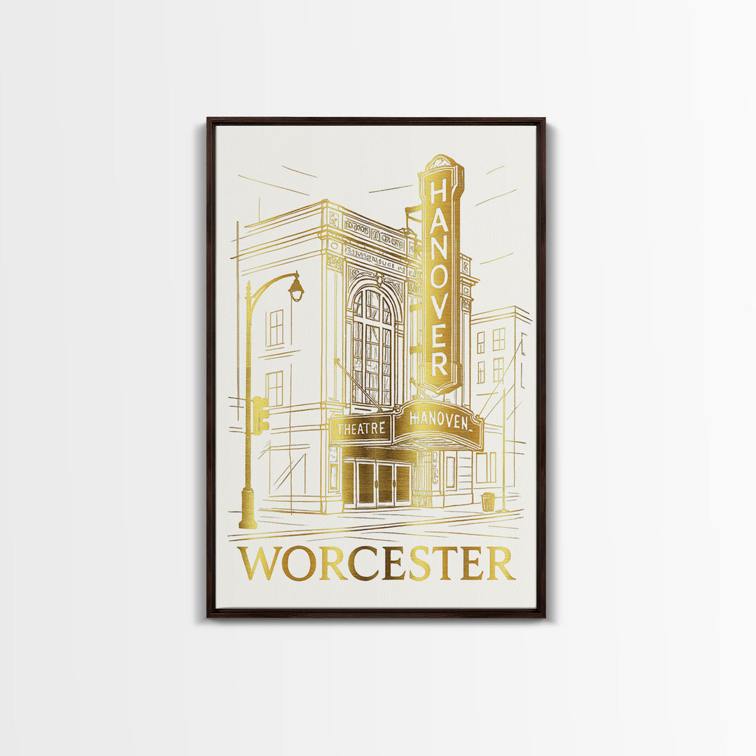 Worcester Travel Poster, Canvas Print, Gold Line Drawing Wall Art, Worcester Art Print, Travel Wall Art, Home Office Decor, Retro Poster
