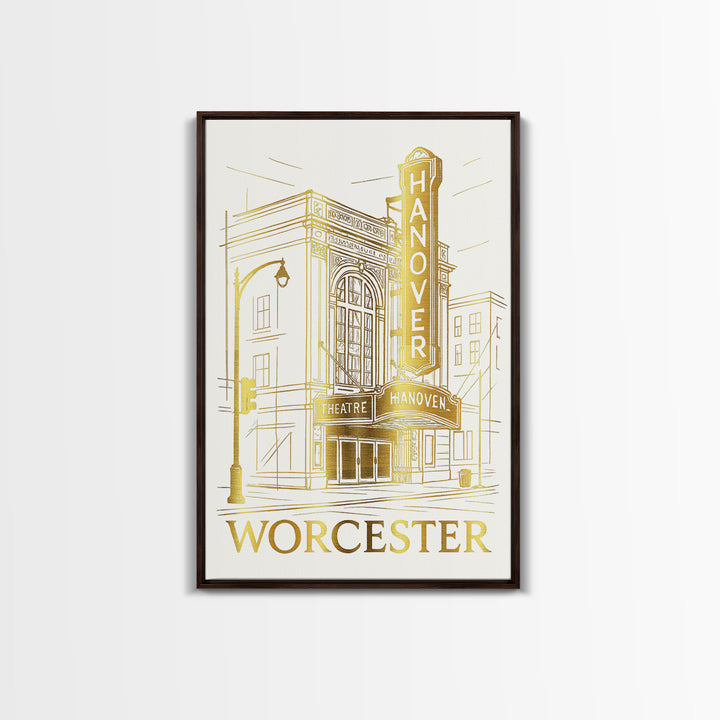 Worcester Travel Poster, Canvas Print, Gold Line Drawing Wall Art, Worcester Art Print, Travel Wall Art, Home Office Decor, Retro Poster