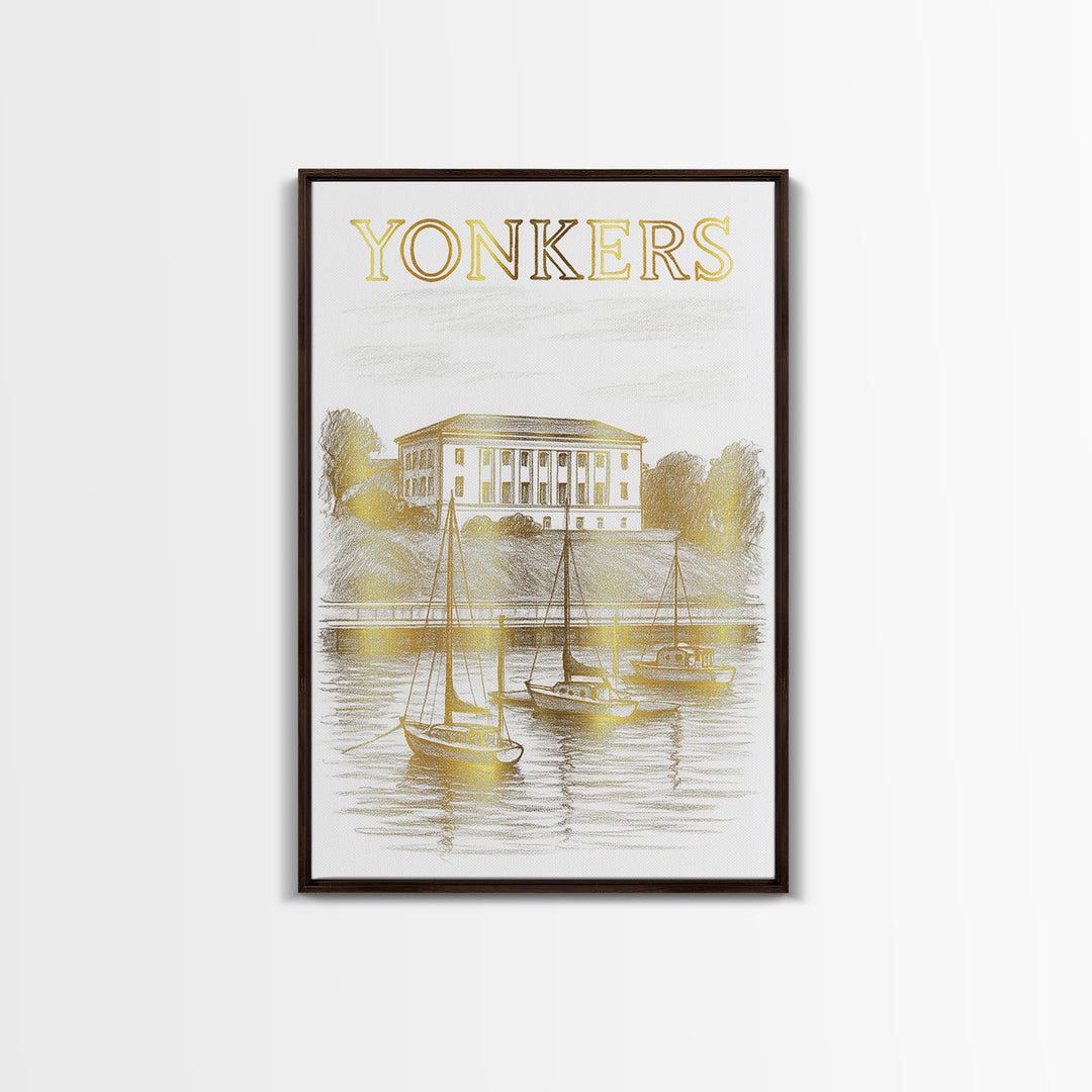 Yonkers New York Travel Poster, Canvas Print, White And Gold Sketch Art, Yonkers Travel Art, Travel Art, Travel Wall Art, City Travel Prints