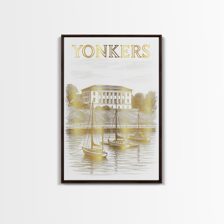 Yonkers New York Travel Poster, Canvas Print, White And Gold Sketch Art, Yonkers Travel Art, Travel Art, Travel Wall Art, City Travel Prints