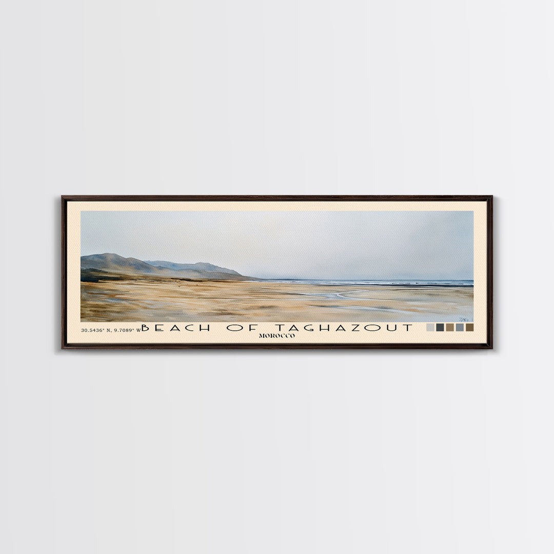 Beach of Taghazout, Morocco Watercolor Beach Print, Vacation Gift, Morocco Wall Art, Framed Canvas Print, Framed Beach Painting