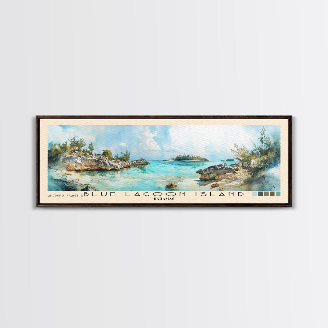Blue Lagoon Island, Bahamas Watercolor Print, Vacation Gift, Bahamas Wall Art, Beach Painting, Beach Decor, Large Wall Art, Wood Frame Art
