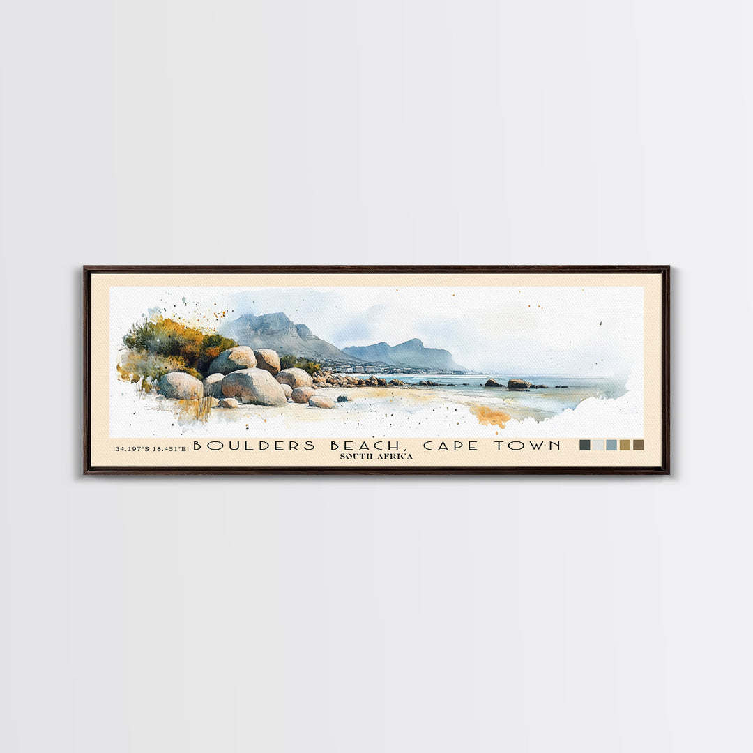 Boulders Beach, Cape Town, South Africa Watercolor Print, Vacation Gift, South Africa Wall Art, Beach Painting, Beach Decor, Large Wall Art, Wood Frame Art