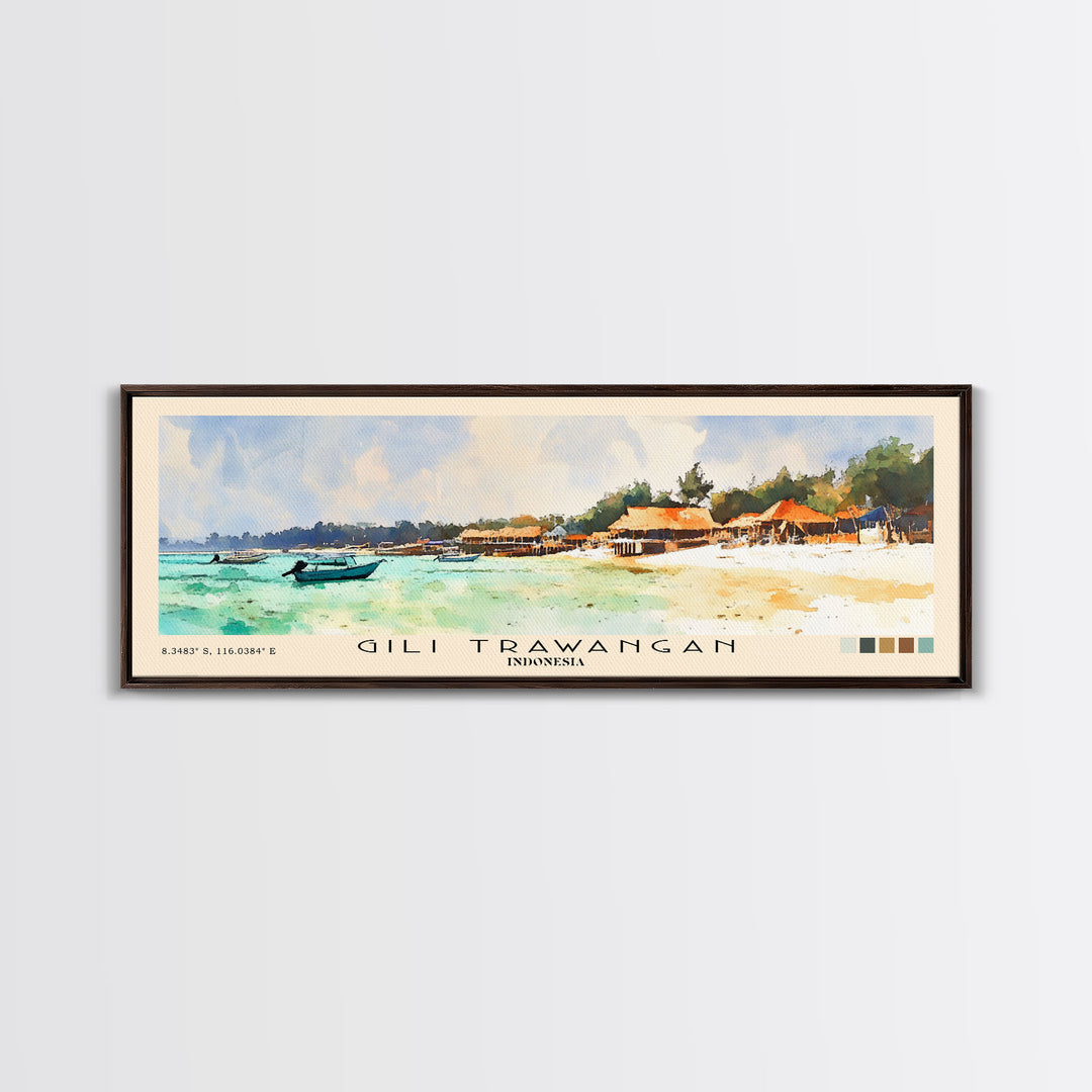 Gili Trawangan, Indonesia Watercolor Beach Print, Vacation Gift, Indonesia Wall Art, Framed Canvas Print, Framed Beach Painting
