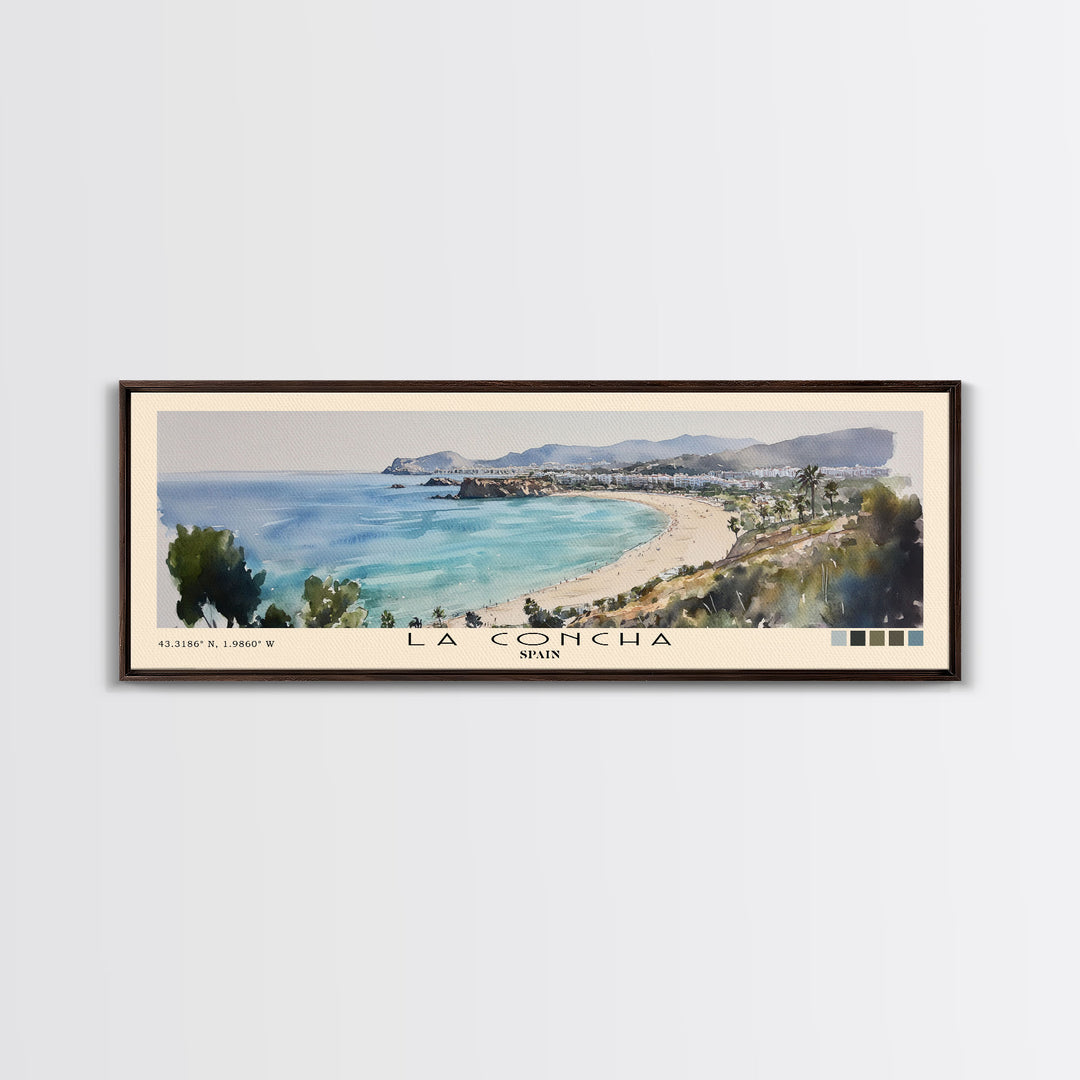 La Concha, Spain Watercolor Print, Vacation Gift, Spain Wall Art, Beach Painting, Beach Decor, Large Wall Art, Wood Frame Art