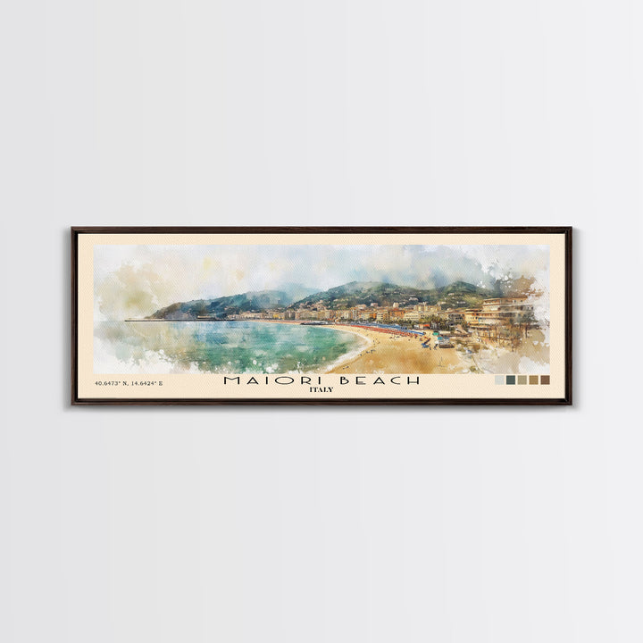 Maiori Beach, Italy Watercolor Print, Vacation Gift, Italy Wall Art, Beach Painting, Beach Decor, Large Wall Art, Wood Frame Art