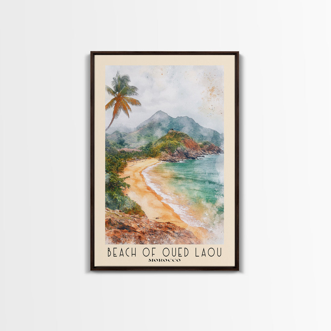 Beach of Oued Laou, Morocco Watercolor Print, Vacation Gift, Morocco Wall Art, Beach Painting, Beach Decor, Large Wall Art, Wood Frame Art