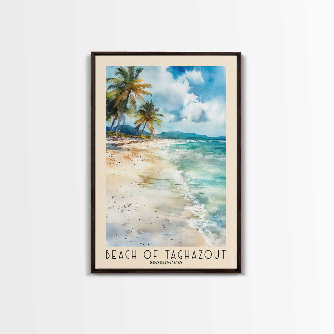 Beach of Taghazout, Morocco Watercolor Beach Print, Vacation Gift, Morocco Wall Art, Framed Canvas Print, Framed Beach Painting