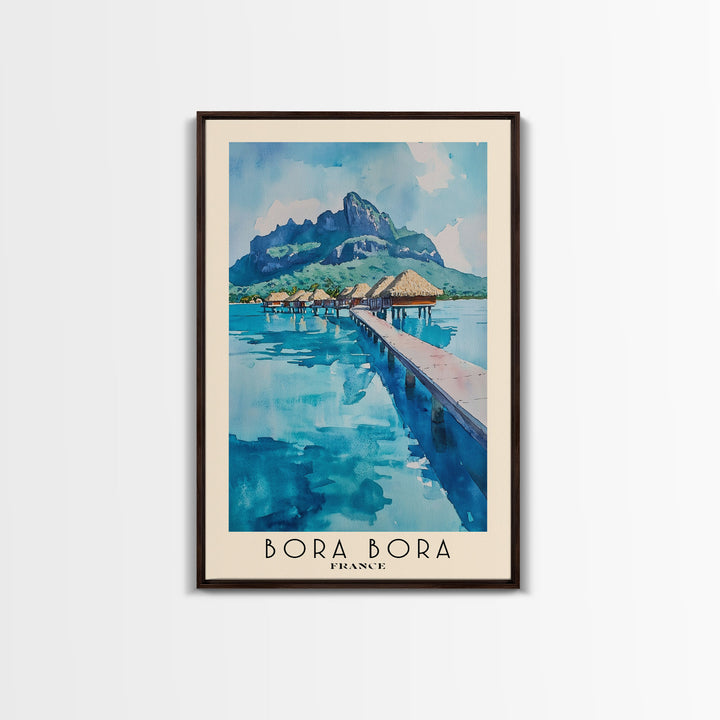 Bora Bora, France Watercolor Beach Print, Vacation Gift, France Wall Art, Framed Canvas Print, Framed Beach Painting
