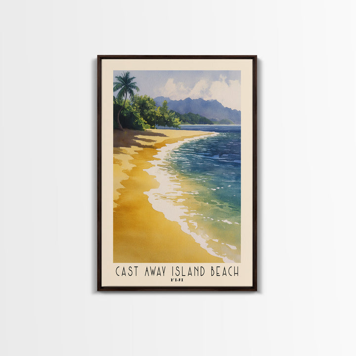 Cast Away Island Beach, Fiji Watercolor Print, Vacation Gift, Fiji Wall Art, Beach Painting, Beach Decor, Large Wall Art, Wood Frame Art