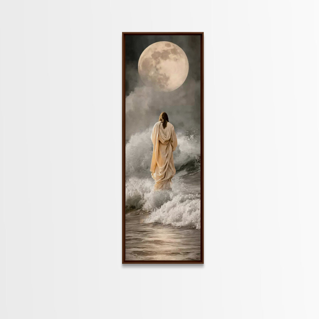 Moonlit Footsteps – Framed Canvas Print – Tall Skinny Art Print – Jesus Painting – Christian Art Canvas – Christian Wall Art