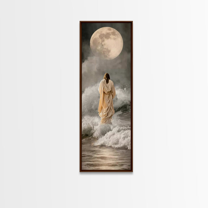 Moonlit Footsteps – Framed Canvas Print – Tall Skinny Art Print – Jesus Painting – Christian Art Canvas – Christian Wall Art