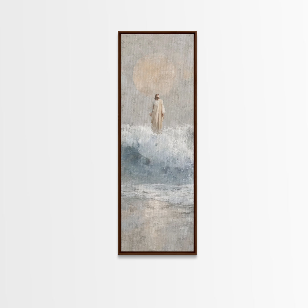 Serene Sea Path, Framed Canvas Print, Narrow Art, Jesus Painting, Christian Wall Art, Christian Art Canvas