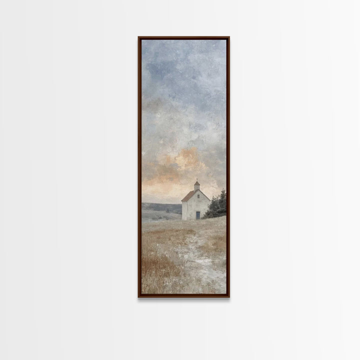 Meadow Chapel Light – Framed Canvas Print – Christian Wall Art – Christian Art Canvas – Vintage Christian Art – Narrow Art – Christian Deco