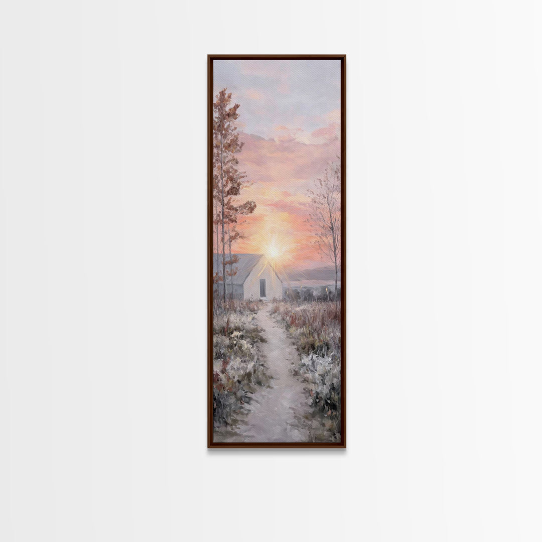 Dawn Chapel Path – Framed Canvas Print – Christian Wall Art – Christian Christmas Art – Christian Art Canvas – Skinny Art – Christmas Art