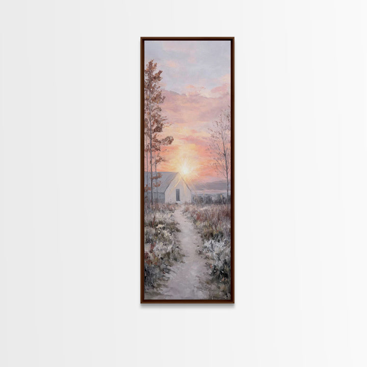 Dawn Chapel Path – Framed Canvas Print – Christian Wall Art – Christian Christmas Art – Christian Art Canvas – Skinny Art – Christmas Art