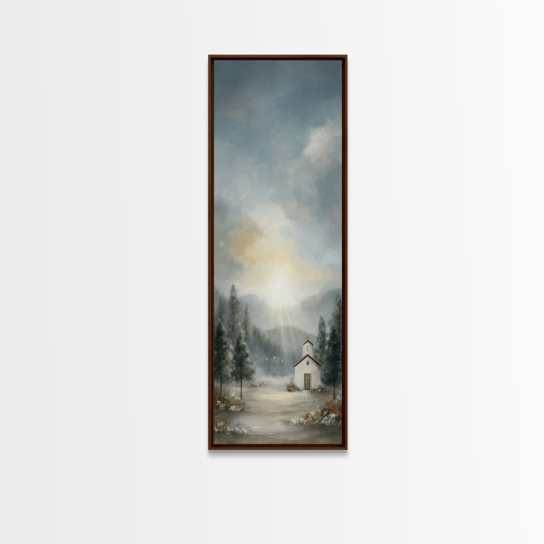 Mountain Chapel Radiance – Framed Canvas Print – Christian Art Canvas – Christian Christmas Art – Christmas Wall Art – Narrow Art – Framed