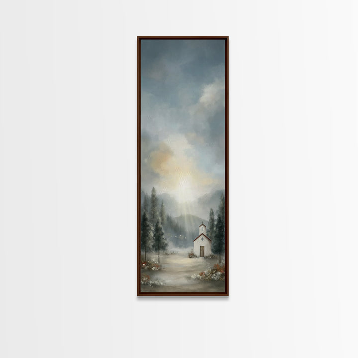 Mountain Chapel Radiance – Framed Canvas Print – Christian Art Canvas – Christian Christmas Art – Christmas Wall Art – Narrow Art – Framed