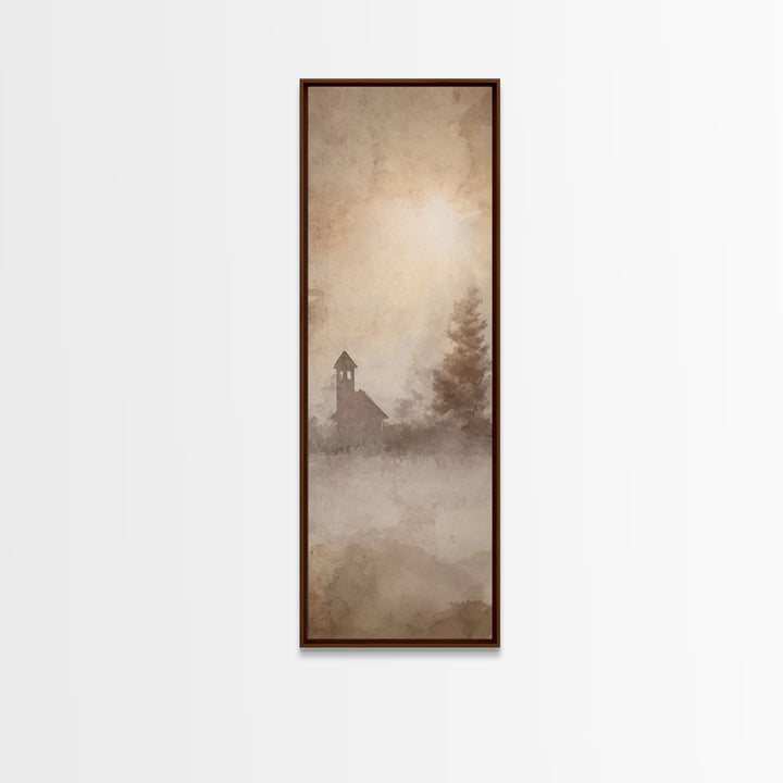 Misty Chapel Glow – Framed Canvas Print – Christian Art Canvas – Christian Wall Art – Christian Christmas Art – Narrow Art – Christian Art