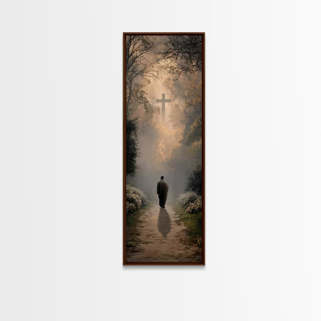 Forest Cross Path – Framed Canvas Print – Christian Christmas Art – Christian Wall Art – Christian Art Canvas – Tall Skinny Art Print – Chr