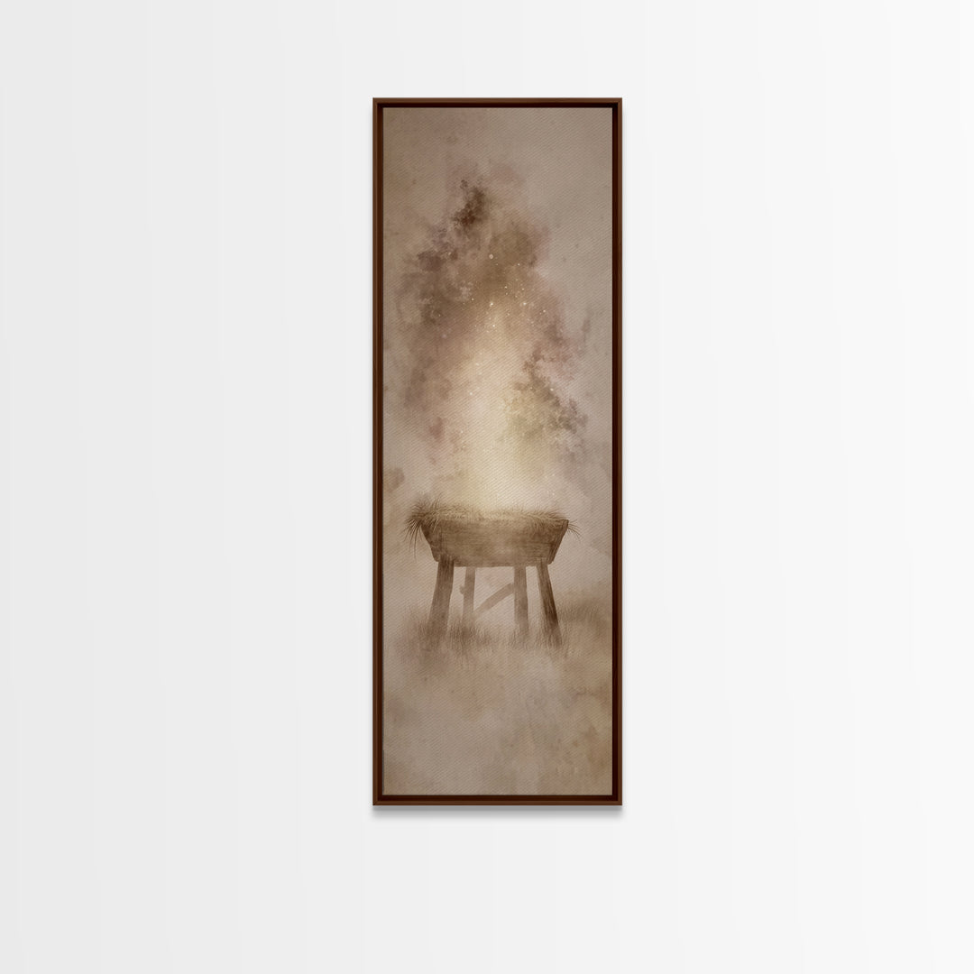 Manger Of Light, Framed Canvas Print, Christian Wall Art, Tall Narrow Wall Art, Christmas Art Prints, Christian Christmas Art, Unique Chris