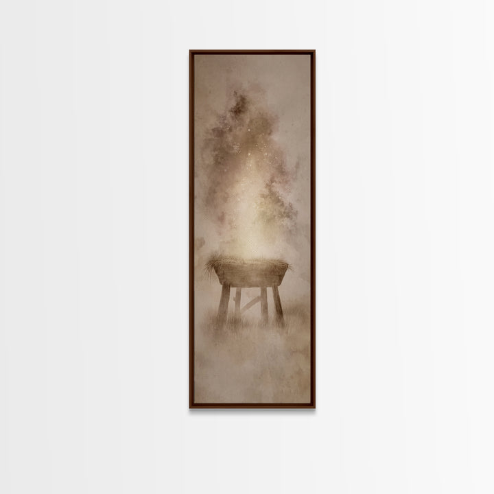 Manger Of Light, Framed Canvas Print, Christian Wall Art, Tall Narrow Wall Art, Christmas Art Prints, Christian Christmas Art, Unique Chris