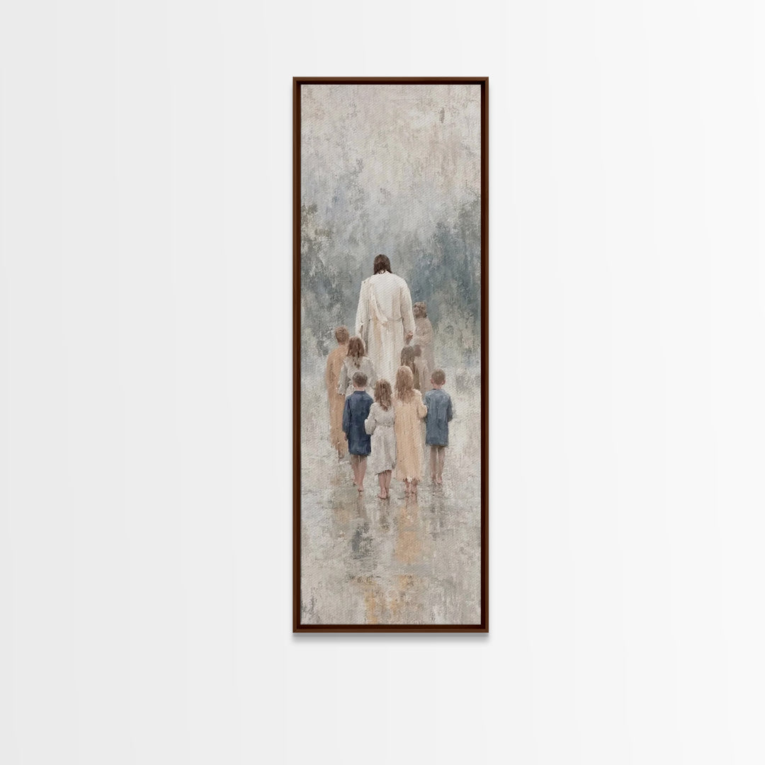 Walking With Jesus | Framed Canvas Print | Tall Narrow Wall Art | Christian Art Print | Jesus Painting | Christian Decor | Subtle Christian