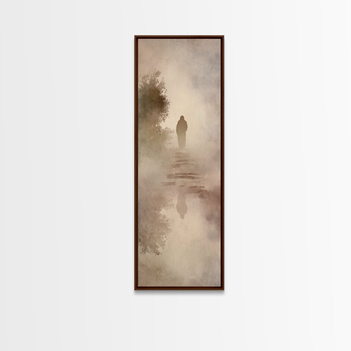 Misty Dawn Walk – Framed Canvas Print – Christian Art – Christian Art Canvas – Jesus Painting – Narrow Art – Christian Christmas Art