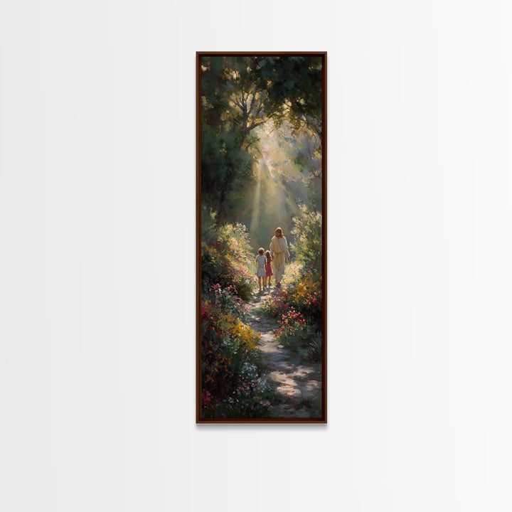 Radiant Garden Path – Framed Canvas Print | Tall Narrow Wall Art | Jesus Painting | Christian Art Canvas | Christian Decor | Christian Wall