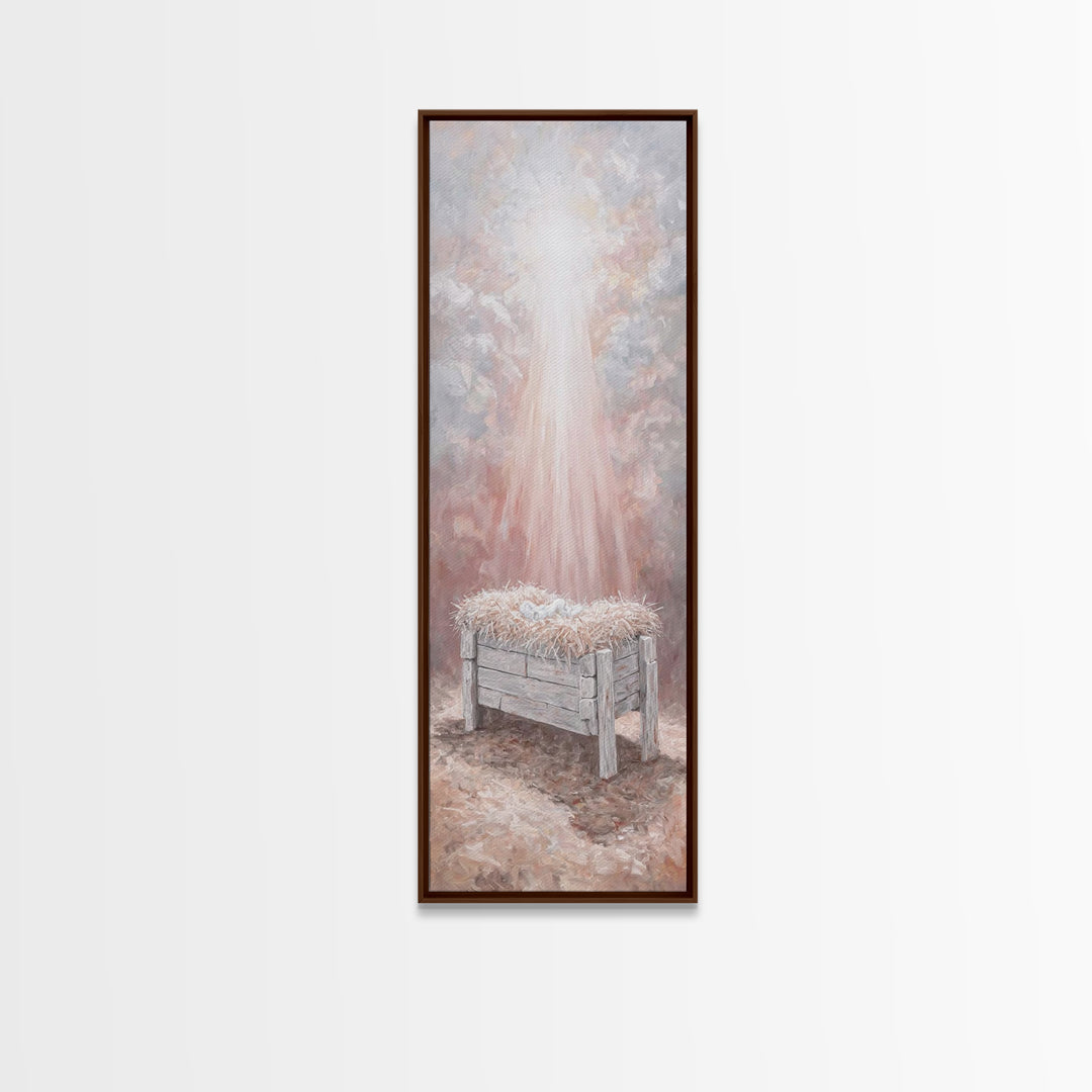 Humble Manger Glow - Framed Canvas Print - Christian Art Canvas - Christian Wall Art - Jesus Painting - Narrow Art - Christian Christmas Ar