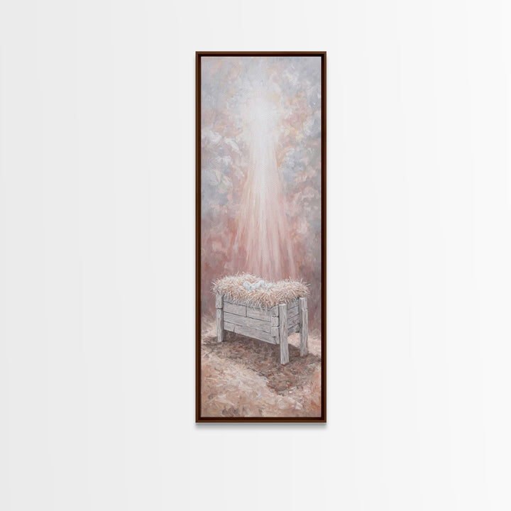 Humble Manger Glow - Framed Canvas Print - Christian Art Canvas - Christian Wall Art - Jesus Painting - Narrow Art - Christian Christmas Ar