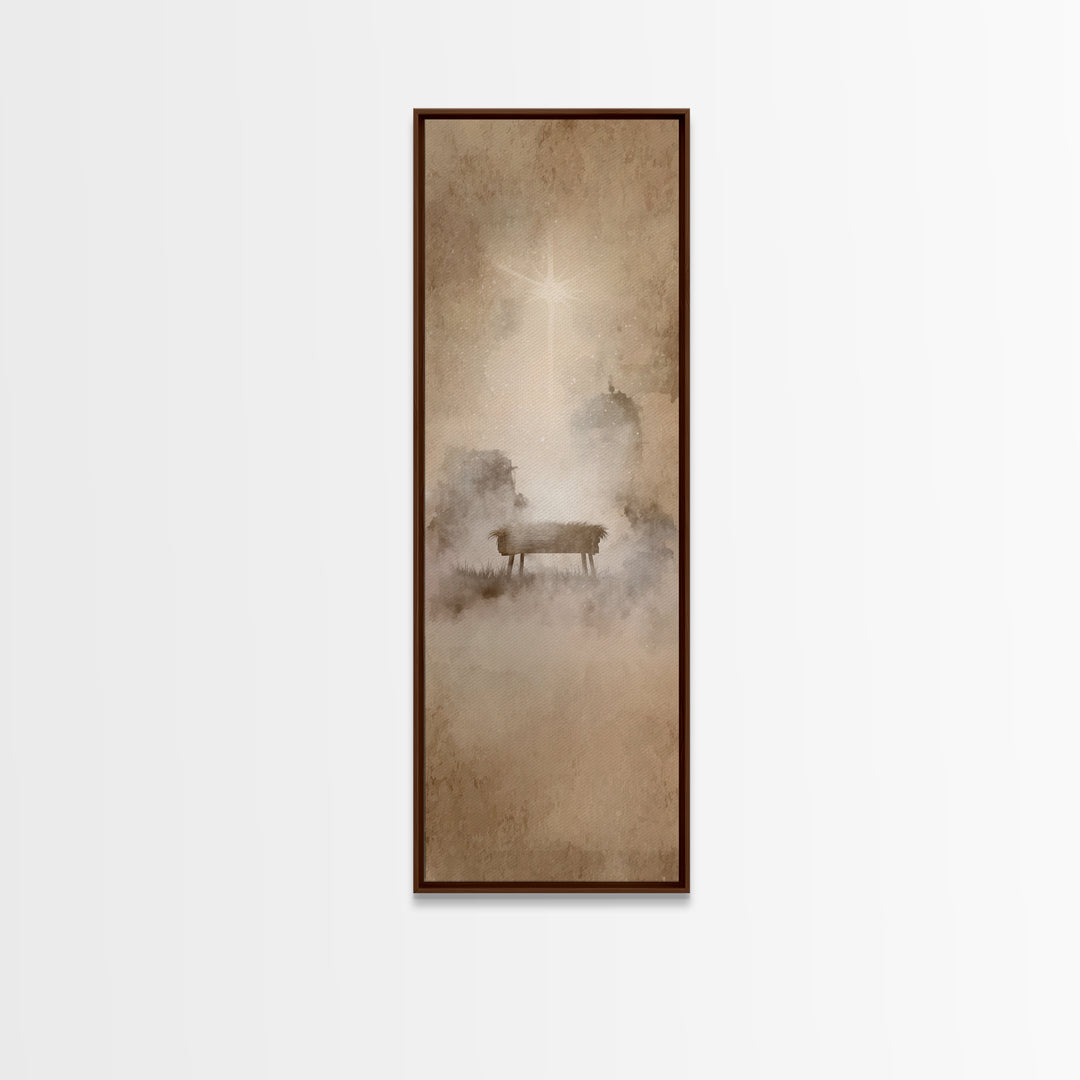 Manger Dawn Glow – Framed Canvas Print – Christian Christmas Art – Christian Wall Art – Narrow Art – Jesus Painting – Christian Art Canvas