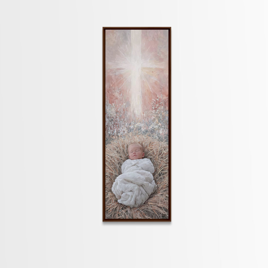 Sacred Manger Light | Framed Canvas Print | Christian Art Canvas | Christian Wall Art | Jesus Painting | Skinny Art