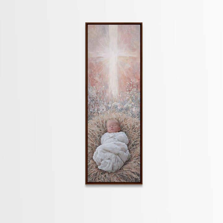 Sacred Manger Light | Framed Canvas Print | Christian Art Canvas | Christian Wall Art | Jesus Painting | Skinny Art