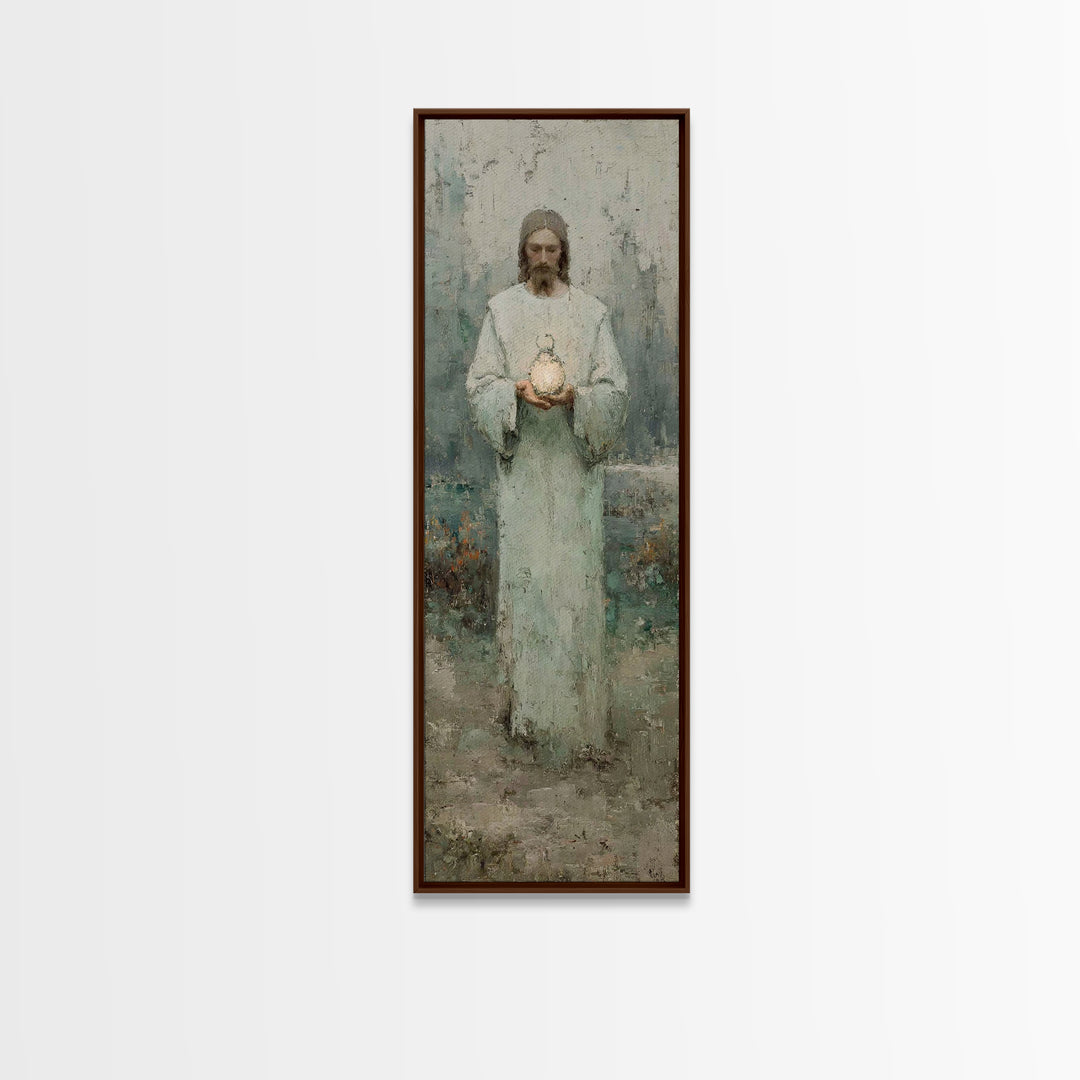 Hushed Lantern Grace – Framed Canvas Print – Narrow Art – Christian Wall Art – Christian Art Canvas – Jesus Painting – Skinny Art – Large C