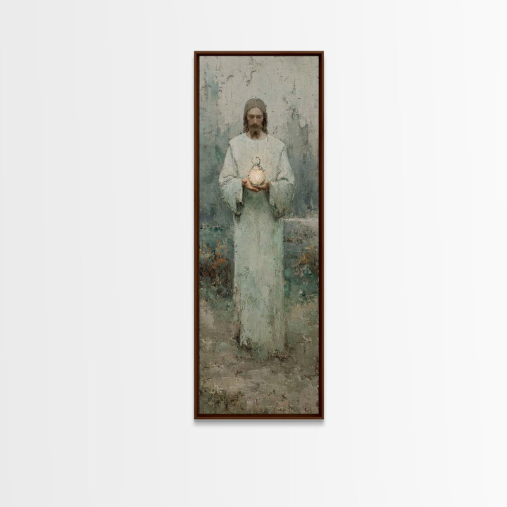 Hushed Lantern Grace – Framed Canvas Print – Narrow Art – Christian Wall Art – Christian Art Canvas – Jesus Painting – Skinny Art – Large C