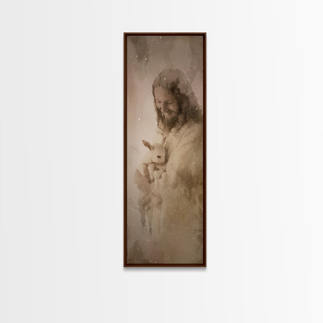 Shepherd’s Embrace – Framed Canvas Print – Christian Wall Art – Jesus Painting – Christian Art Canvas – Narrow Art – Christmas Art Prints