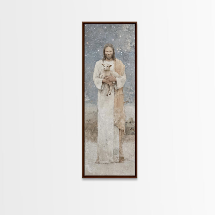 Gentle Shepherd Light – Framed Canvas Print – Christian Wall Art – Jesus Painting – Tall Narrow Wall Art – Christian Art Canvas