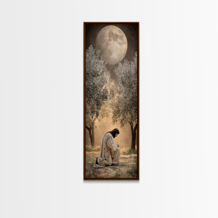 Moonlit Garden Prayer – Framed Canvas Print – Christian Wall Art – Jesus Painting – Tall Narrow Wall Art – Christian Art Canvas