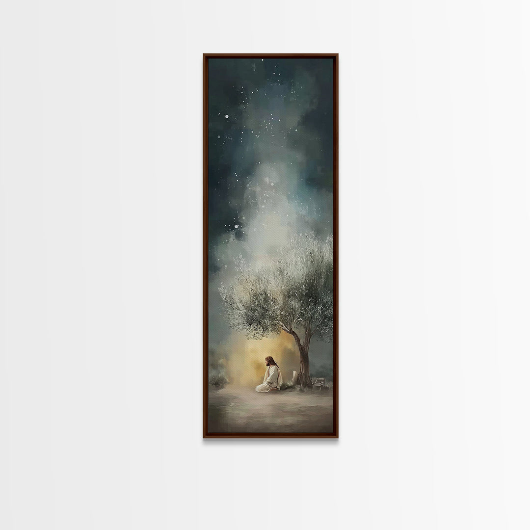Night Of Stillness – Framed Canvas Print – Christian Art Print – Jesus Painting – Narrow Art – Modern Christian Art
